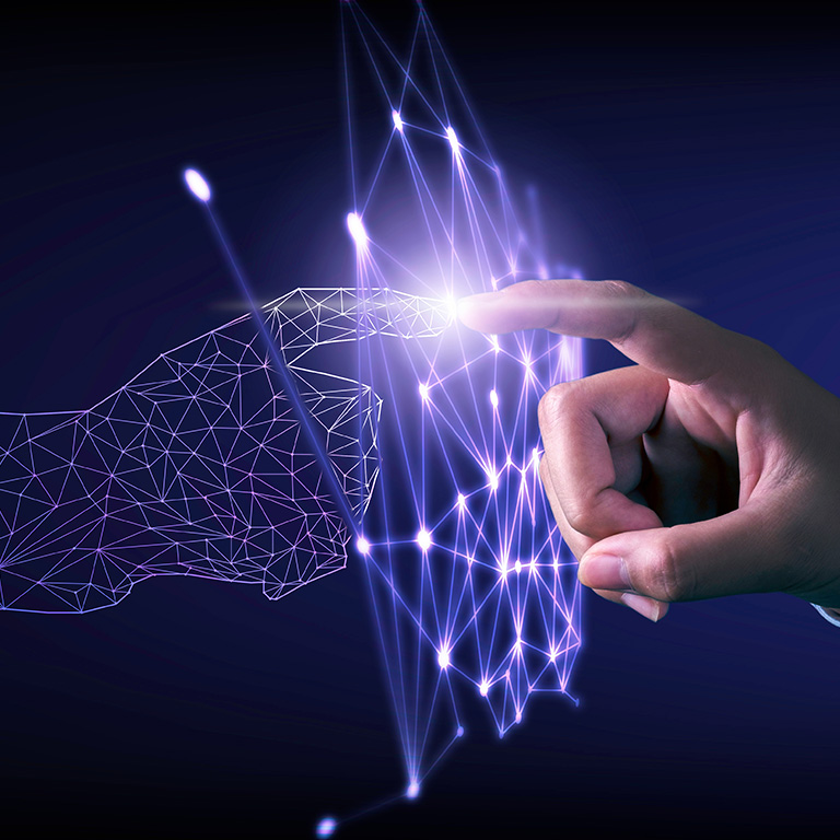 Hand touching modern interface digital transformation concept. Connection next generation technology and new era of innovation.