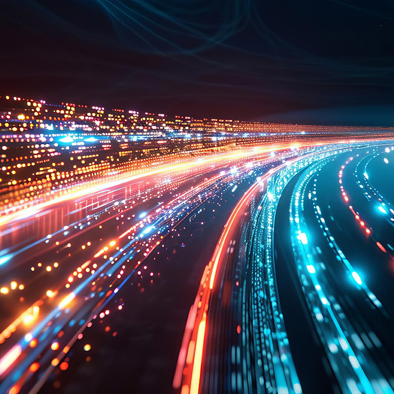 highspeed data transmission visualization with glowing light trails on dark background futuristic technology concept illustration